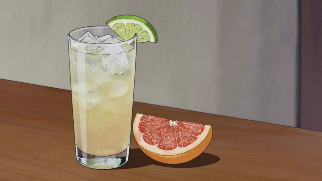Ting with Sting, grapefruit soda spiked with local cane spirit, served over ice, Saint Kitts and Nevis cocktail, anime style