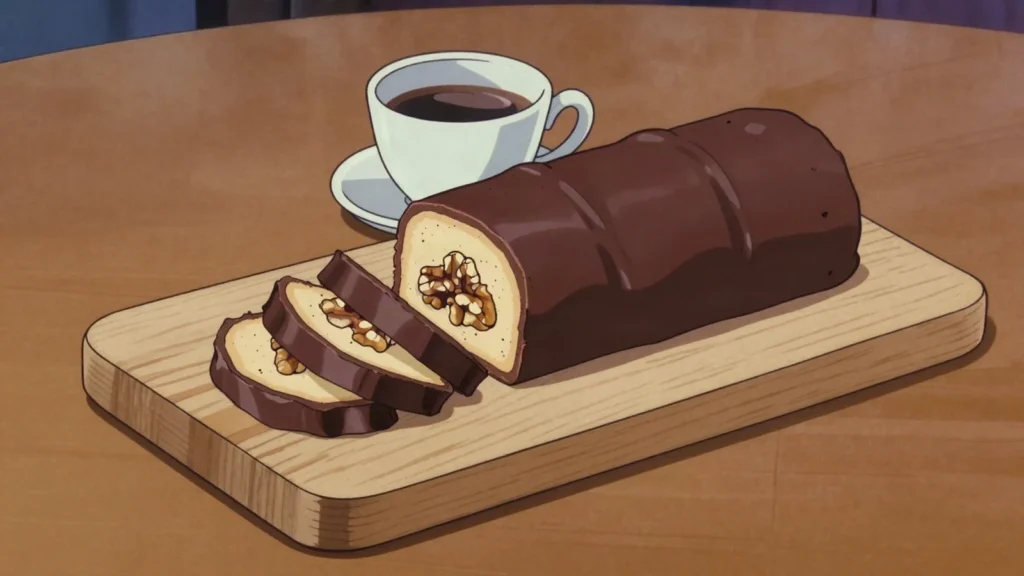 Tinginys, 'Lazy' no-bake chocolate-biscuit log with condensed milk, Lithuania dessert, anime style