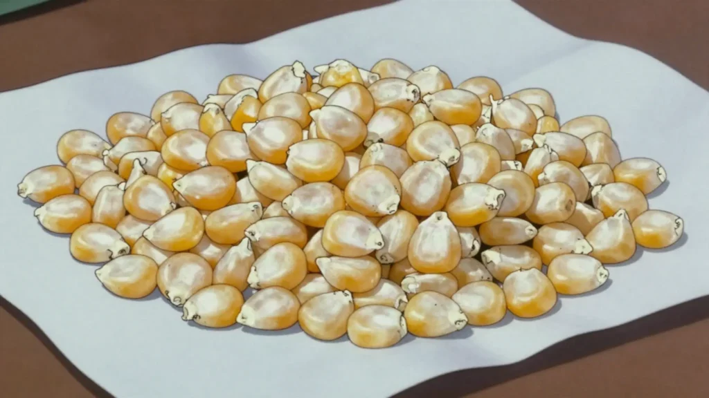 Tinkhobe, boiled whole maize kernels, chewy everyday staple, Eswatini snack, anime style
