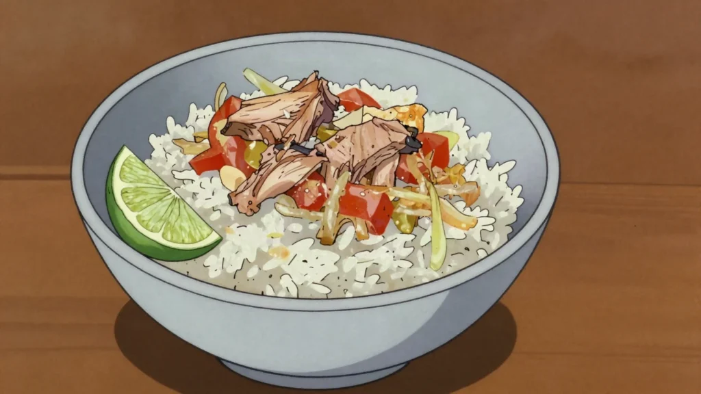 Tinned Tuna, canned local tuna eaten with rice or cabbage, the everyday protein of town, Solomon Islands main, anime style