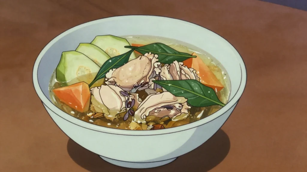 Tinola, ginger chicken soup with green papaya and chili leaves, Philippines soup & stew, anime style