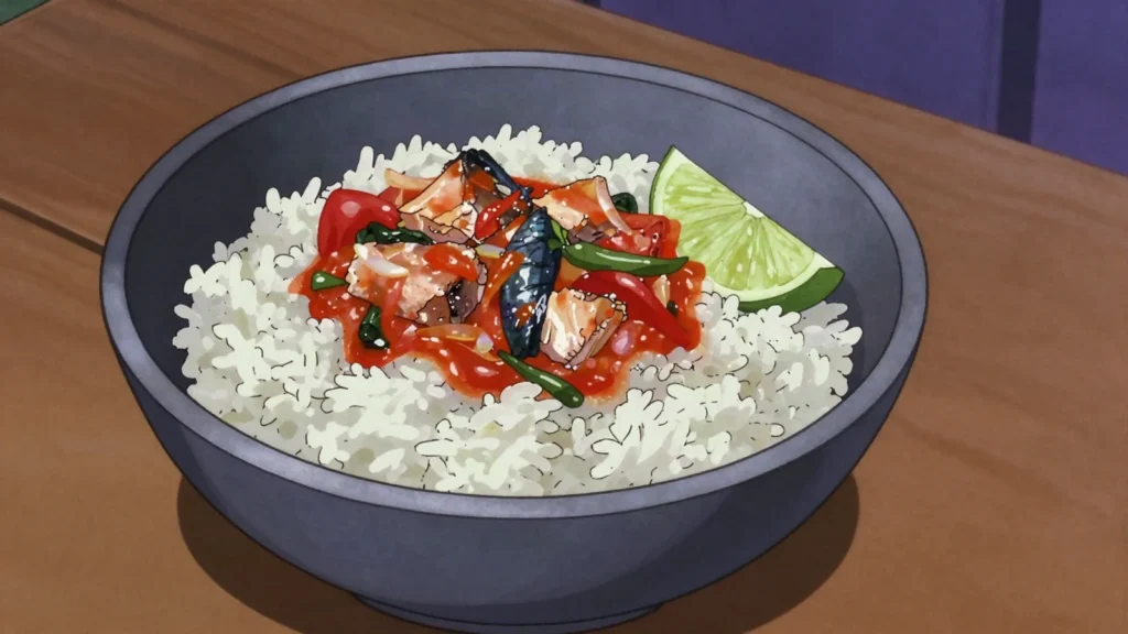 Tinpis, tinned mackerel or tuna heated with rice, onion and greens, Papua New Guinea main, anime style