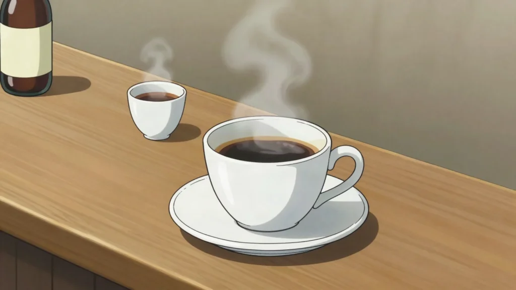 Tinto, small cup of sweetened black coffee, poured from thermoses on every street, Colombia drink, anime style