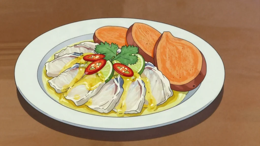 Tiradito, sashimi-cut fish sauced with ají amarillo and lime, Nikkei style, Peru main, anime style