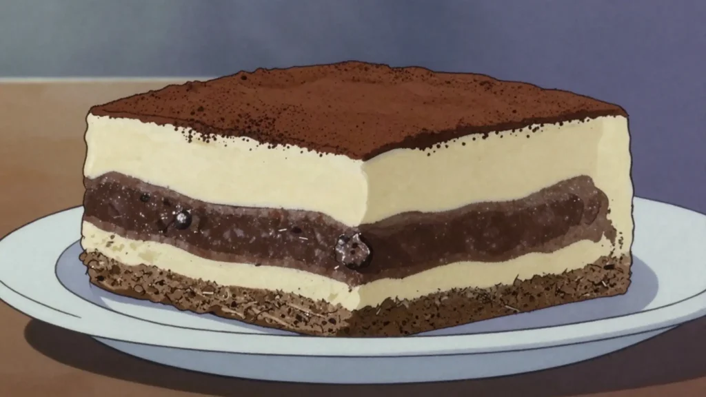 Tiramisu, coffee-soaked savoiardi layered with mascarpone, cocoa, Italy dessert, anime style