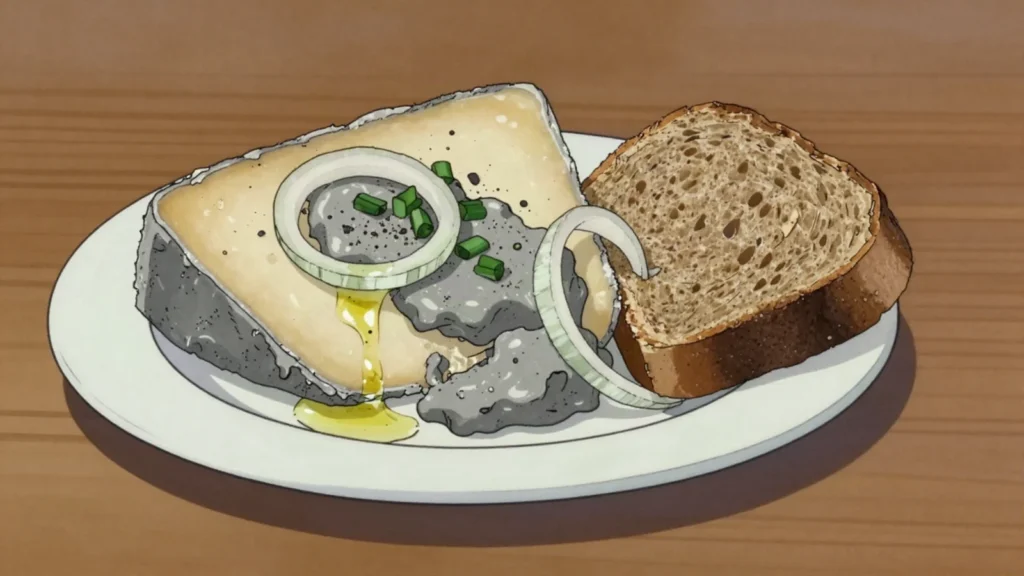 Tiroler Graukäse, grey sour-milk cheese, almost fat-free and sharply pungent, Austria cheese & dairy, anime style