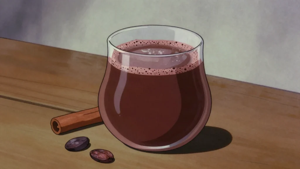 Tiste, cold drink of toasted maize and cacao, whisked and drunk from a jicara, Nicaragua drink, anime style