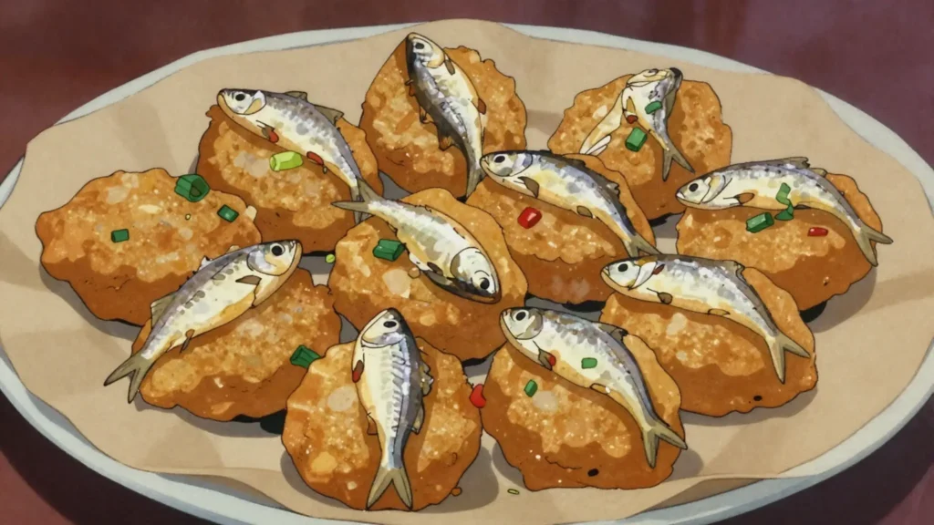 Titiwi accra, fritters of tiny river titiwi fish, Dominica snack, anime style