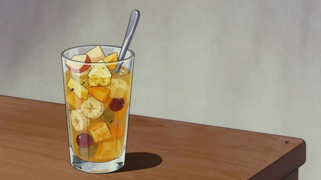 Tizana, chopped fruit in juice or soda, served in a cup with a spoon, Venezuela drink, anime style
