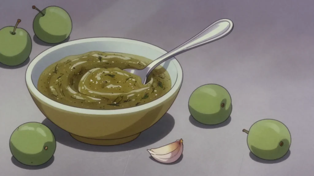 Tkemali, tart wild plum sauce with garlic and dill, poured over everything, Georgia sauce & condiment, anime style