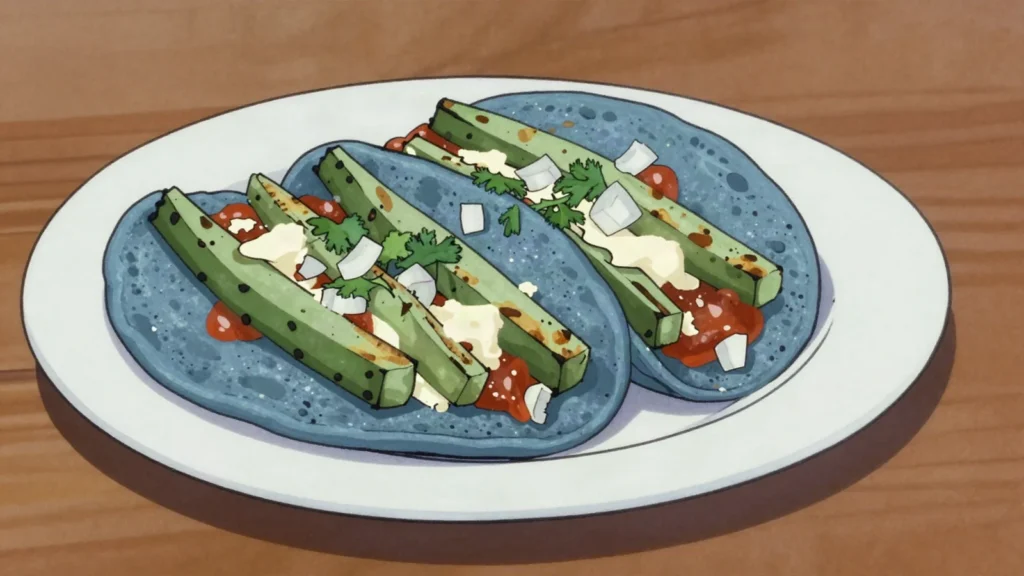 Tlacoyos, oval masa patties stuffed with beans or fava, griddled and topped with nopales, Mexico street food, anime style