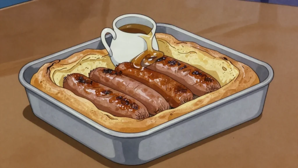 Toad in the hole, sausages baked into Yorkshire pudding batter, with gravy, United Kingdom main, anime style