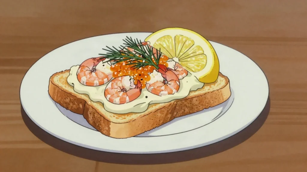 Toast Skagen, prawns in dill mayonnaise piled on sautéed toast, Sweden snack, anime style