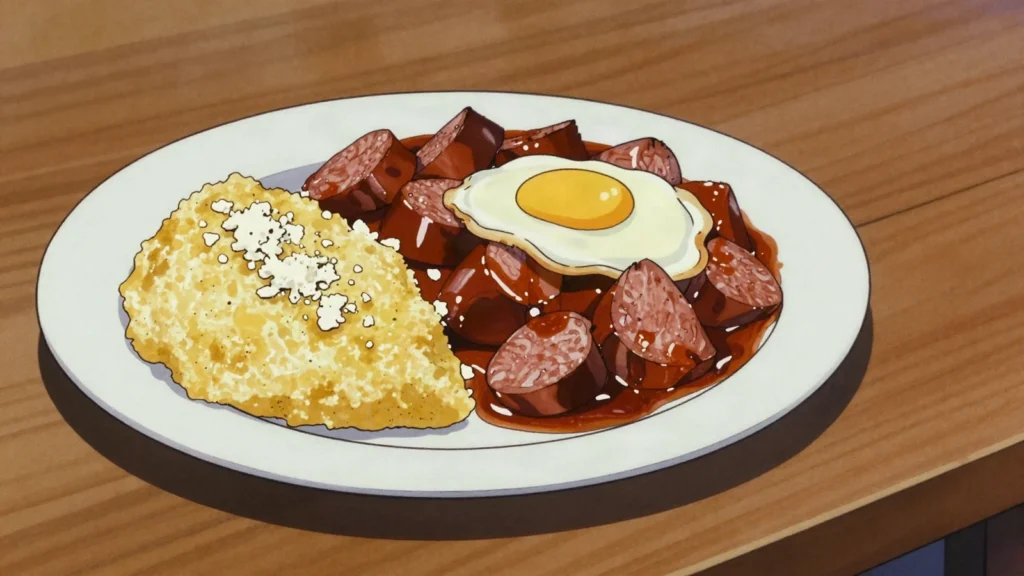 Tochitură, pork stew with wine and garlic over mămăligă, fried egg, Moldova main, anime style