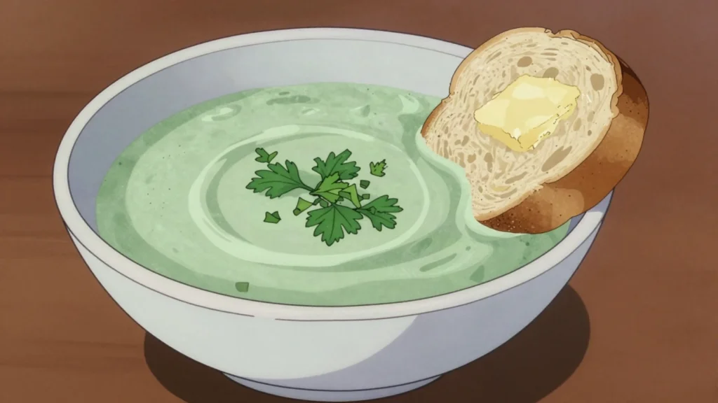 Toheroa Soup, pale green soup of large surf clams, creamy with a strong iodine tang, New Zealand soup & stew, anime style