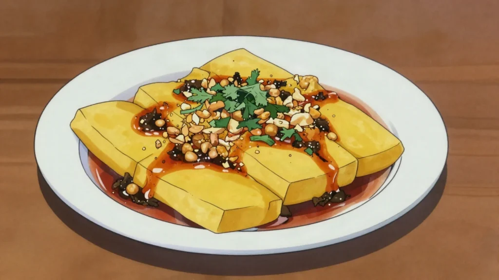 Tohu Thoke, shan chickpea tofu salad with tamarind, chili and peanuts, Myanmar salad & side, anime style