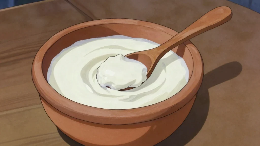 Tok Doi, plain sour set curd sold in clay pots, eaten after rice to cool the, Bangladesh fermented & pickled, anime style