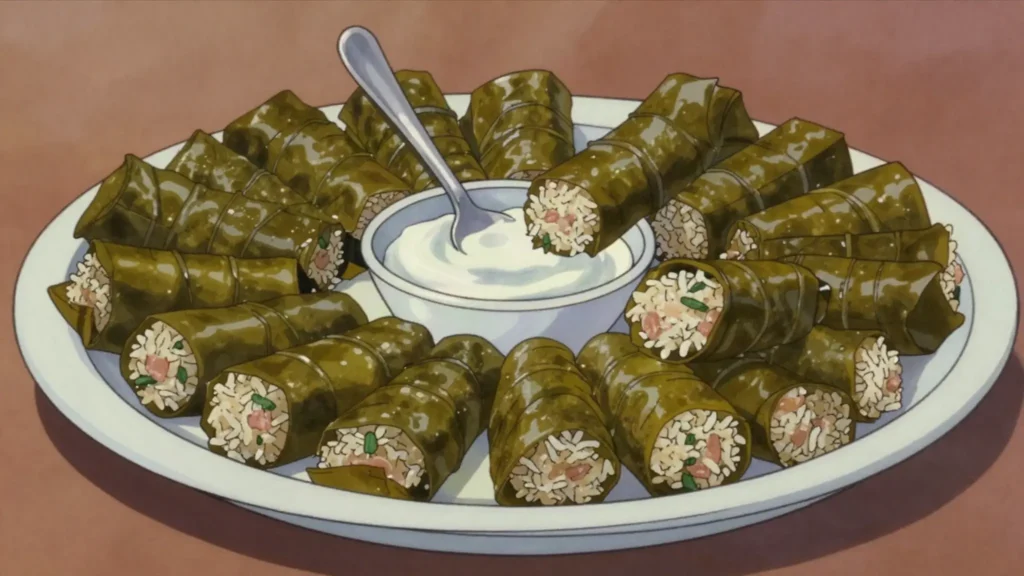 Tolma, grape leaves or vegetables stuffed with minced meat and rice, Armenia main, anime style