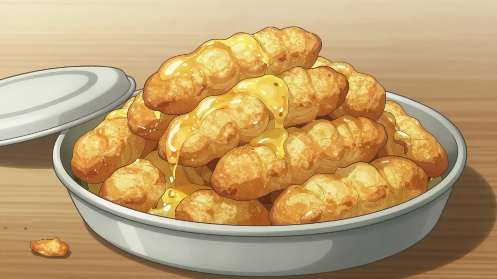 Tolumbichki, small fried batter fingers steeped in cold lemon syrup, Bulgaria dessert, anime style