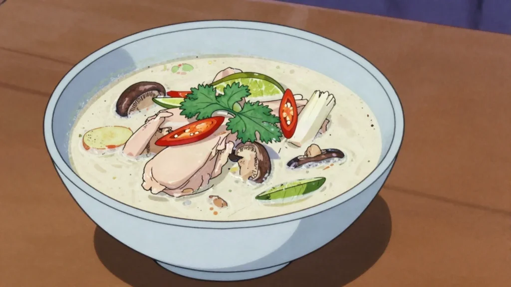 Tom Kha Gai, silky coconut chicken soup soured with lime and galangal, Thailand soup & stew, anime style