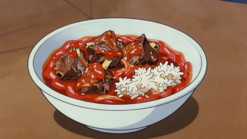Tomato bredie, cape mutton and tomato stew slow-cooked with cinnamon, South Africa soup & stew, anime style