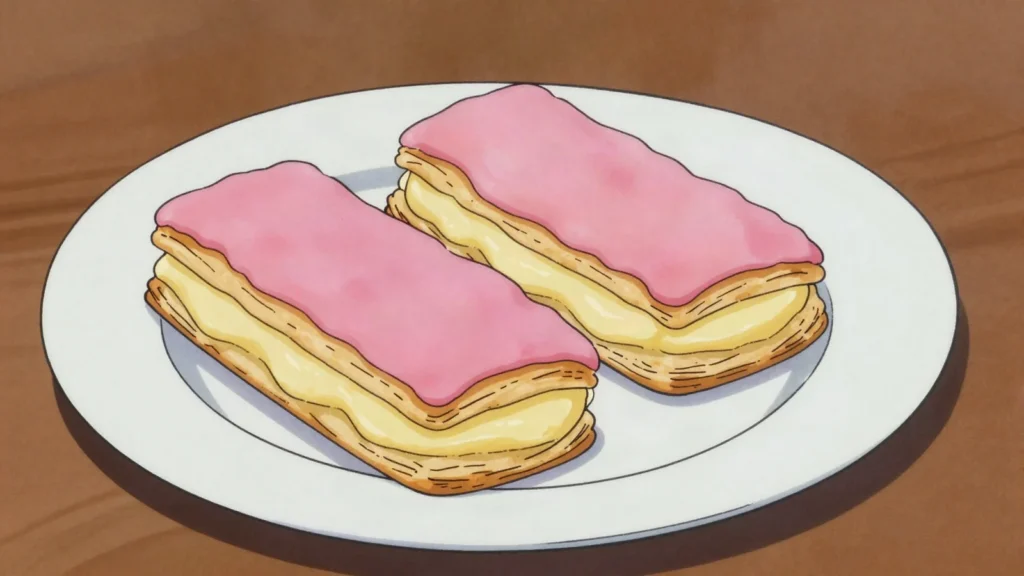 Tompouce, two sheets of puff pastry with cream between and pink icing on top, Netherlands dessert, anime style