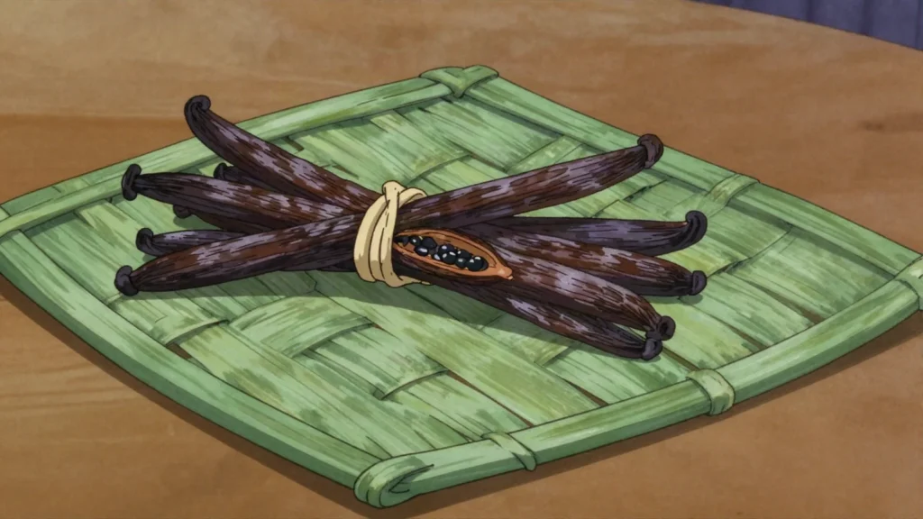 Tongan Vanilla, hand-pollinated vanilla beans, dark and floral; sold cured in bundles, Tonga sauce & condiment, anime style