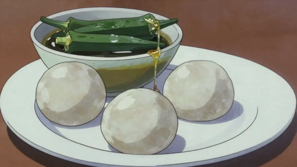 Tonm tonm, pounded breadfruit swallowed in lumps dipped in okra sauce, not chewed, Haiti main, anime style