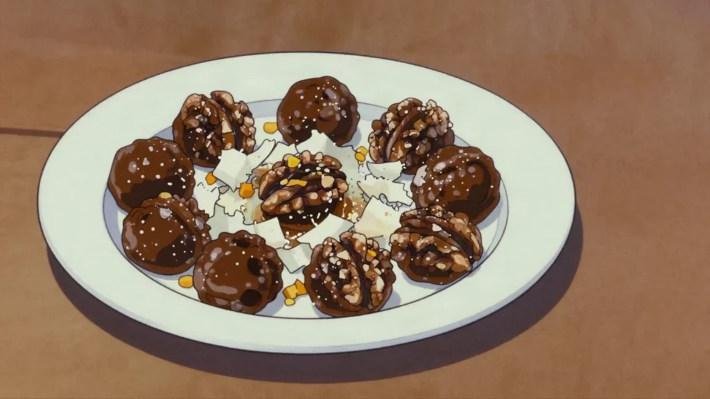 Toolum, sticky balls of molasses, grated coconut and orange peel, Trinidad and Tobago snack, anime style