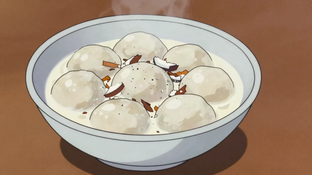 Topai, boiled flour dumplings served in hot sweetened coconut cream, Tonga dessert, anime style