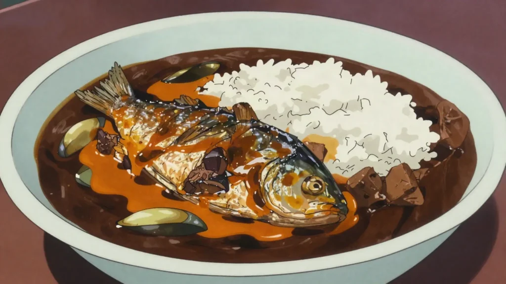 Torborgee, sour, bitter palm-oil stew of dried fish, meat and bitterballs, Liberia soup & stew, anime style