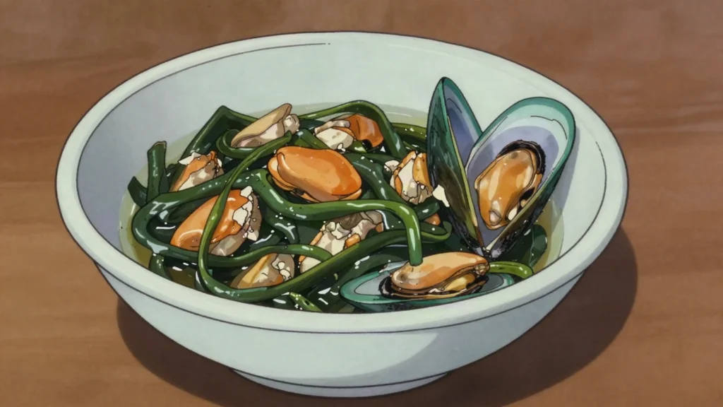 Toroi, mussels dressed with boiled pūhā greens and their liquor; sharp and briny, New Zealand salad & side, anime style