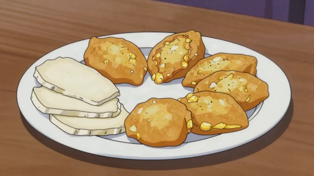Torrejitas de maíz nuevo, fritters of freshly ground young corn, fried and eaten with cheese, Panama snack, anime style