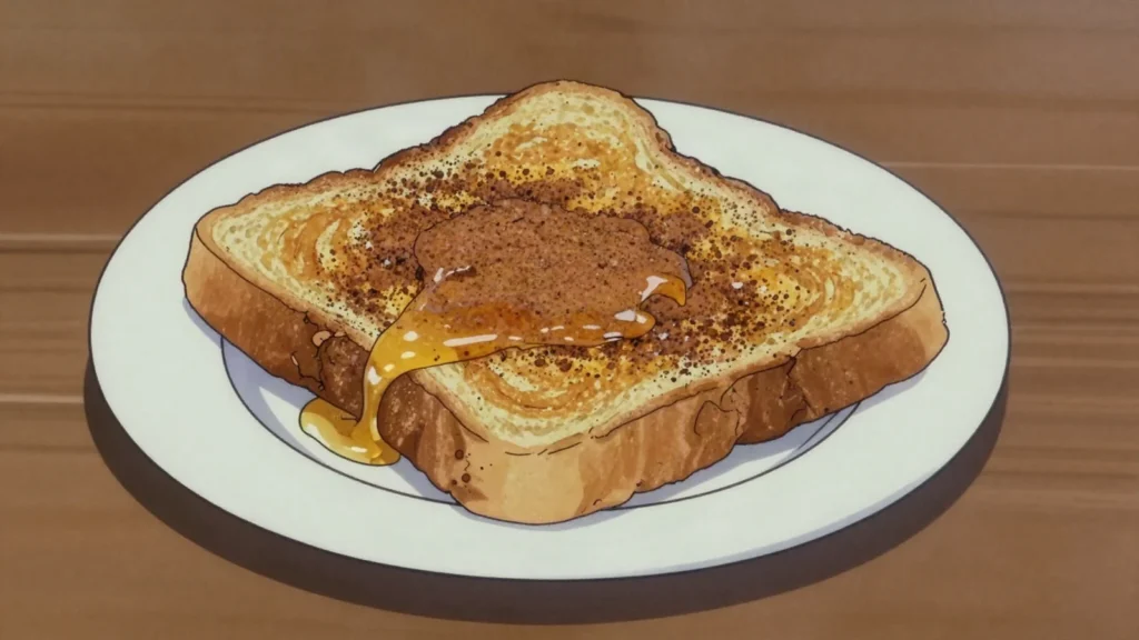 Torrijas, milk-soaked bread fried and coated in cinnamon sugar or honey, eaten at Easter, Spain dessert, anime style