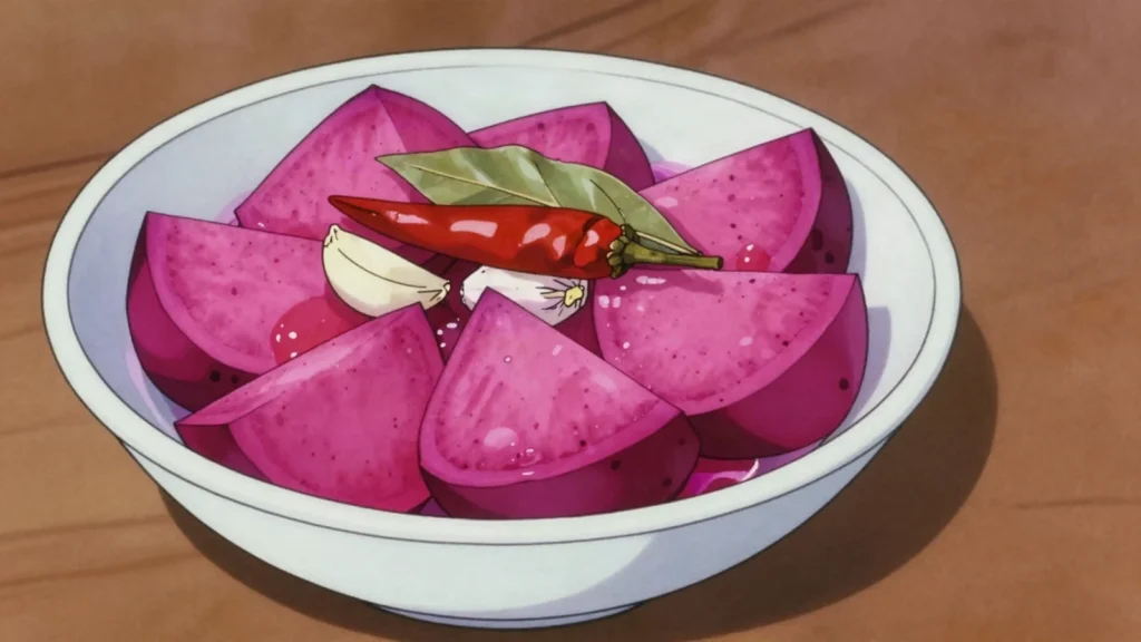 Torshi lift, turnips pickled with vinegar and beetroot, served alongside couscous, Libya fermented & pickled, anime style
