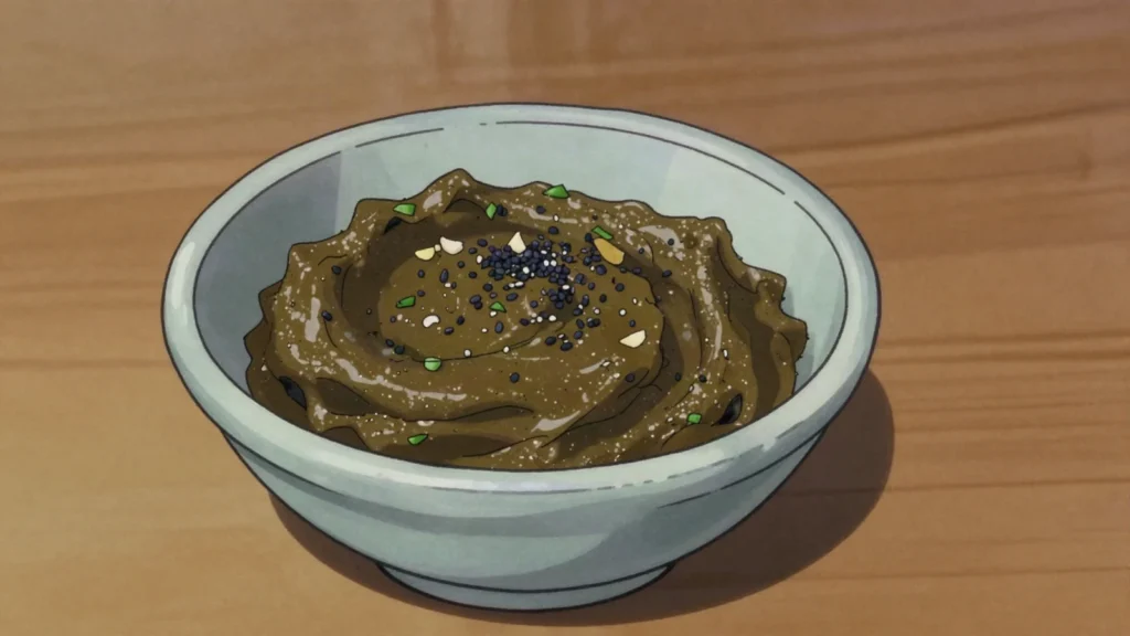 Torshi liteh, dark aubergine pickle pounded with herbs, garlic and vinegar into a, Iran fermented & pickled, anime style