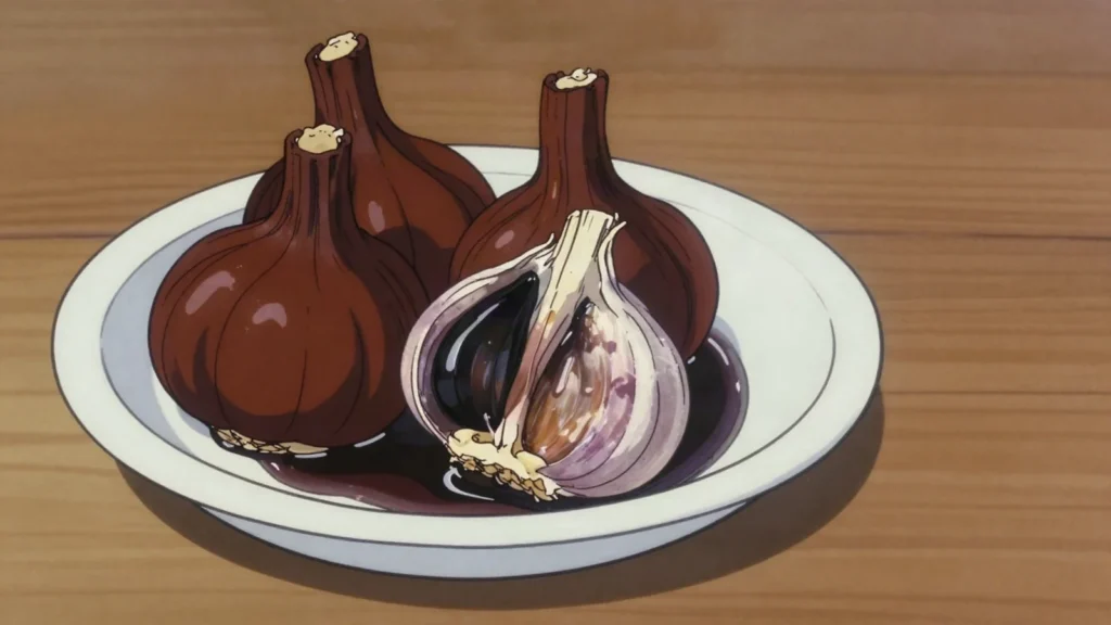 Torshi seer, whole garlic heads aged in vinegar until soft, sweet and nearly black, Iran fermented & pickled, anime style