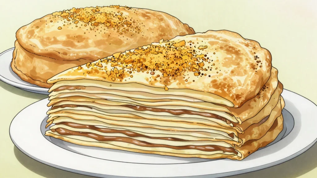 Torta chilena, many thin pastry layers stacked with dulce de leche between them, Costa Rica dessert, anime style