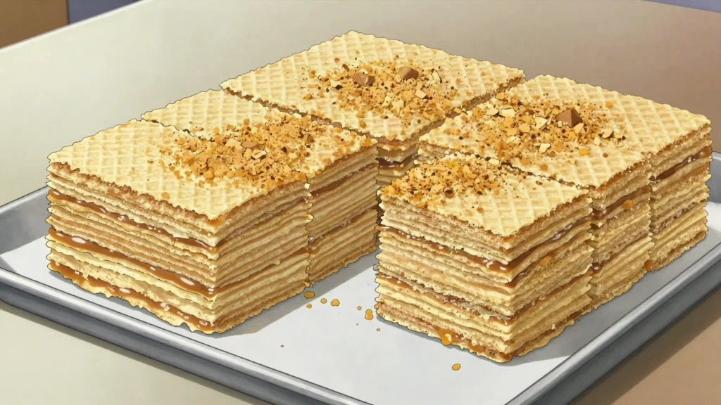 Torta de mil hojas, many thin pastry layers stacked with manjar and cut into squares, Chile dessert, anime style