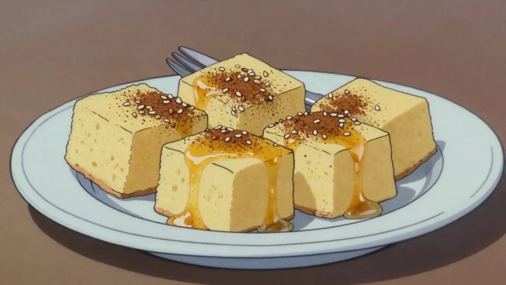 Torta de yema, egg-yolk sponge soaked in sweet syrup, eaten in small squares, El Salvador dessert, anime style