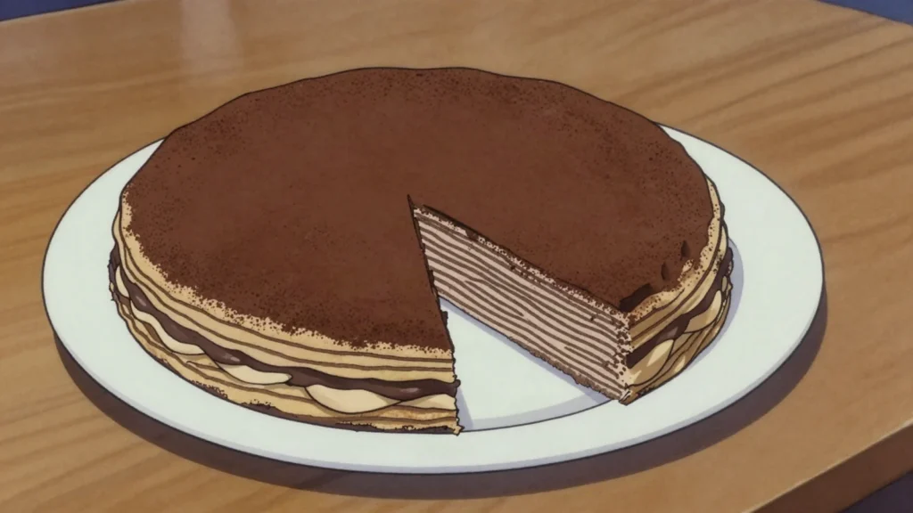 Torta Titano, layered wafer cake with chocolate and hazelnut cream, named for Mount Titano, San Marino dessert, anime style