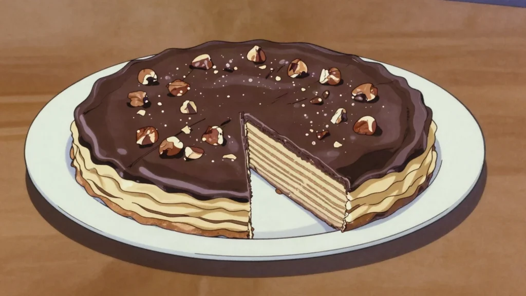 Torta Tre Monti, wafer layers with hazelnut-chocolate cream, honoring three towers, San Marino dessert, anime style