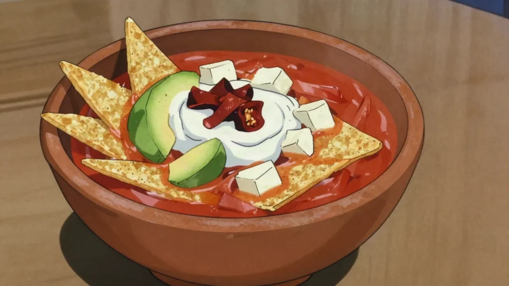Tortilla soup, tomato broth with fried tortilla strips, avocado, pasilla chile, Mexico soup & stew, anime style