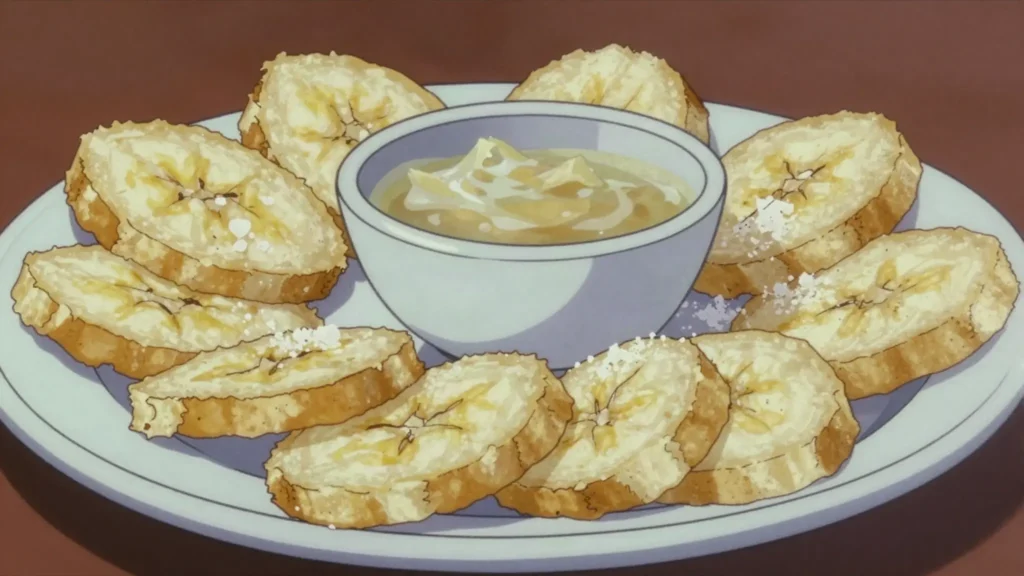 Tostones, twice-fried green plantain rounds with salt, Dominican Republic salad & side, anime style