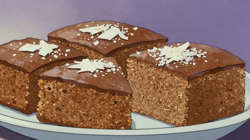 Toto, small dense coconut cake, spiced and cut in squares, Jamaica dessert, anime style