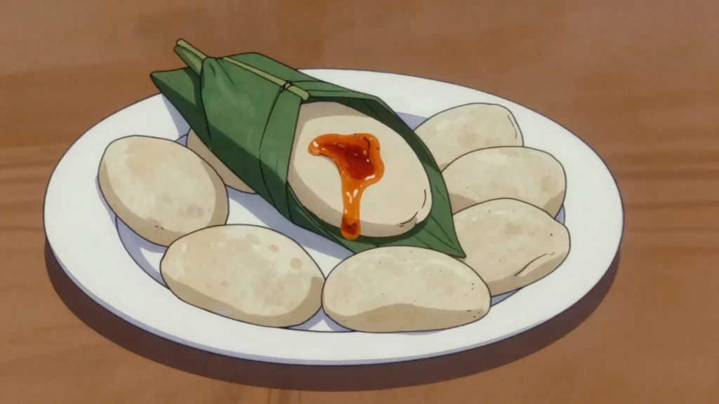 Toubani, steamed cakes of ground cowpea or bean flour, eaten with chilli oil, Mali street food, anime style