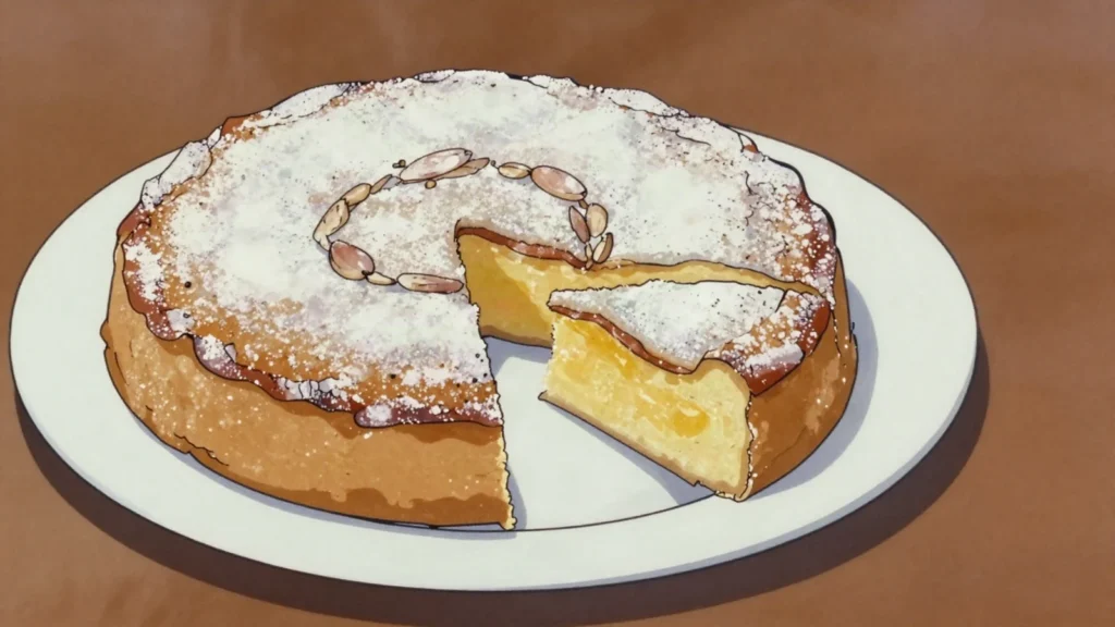 Toucinho do ceu, dense almond and egg-yolk cake, once enriched with lard as its name implies, Portugal dessert, anime style