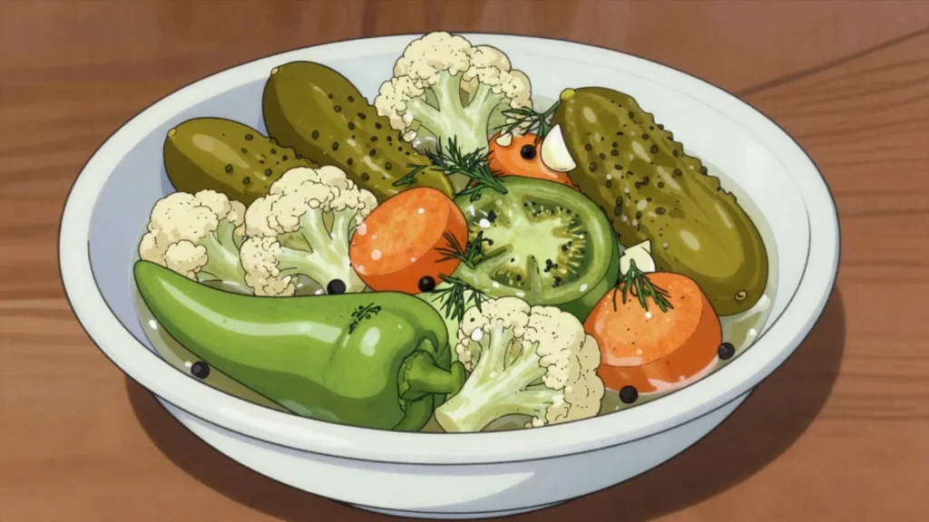 Tourshi, vegetables brined with garlic and dill, served beside grilled meat and, Armenia fermented & pickled, anime style