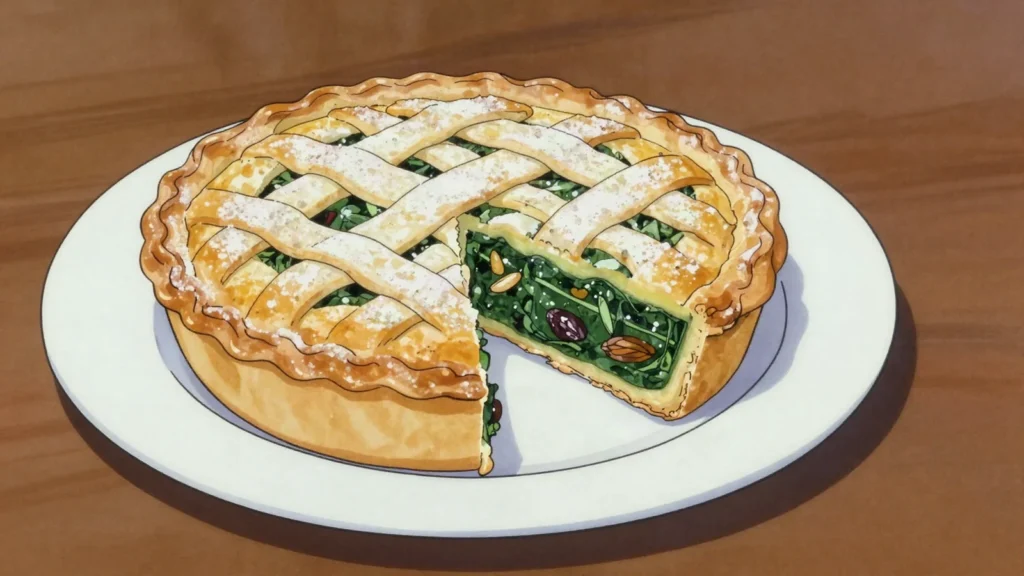 Tourte de blettes, sweet pie of chard leaves with raisins, pine nuts and apple, Monaco dessert, anime style