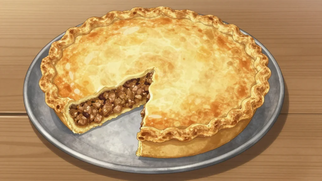 Tourtière, spiced pork and beef pie, a Quebecois Christmas tradition, Canada main, anime style